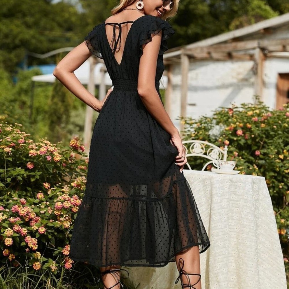 Black Split Thigh Swiss Dot Dress - Picture 3 of 6
